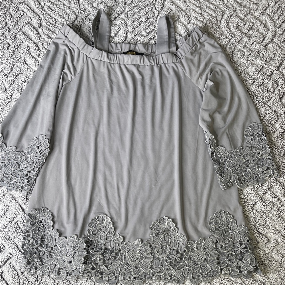Gray Lace Off-Shoulder Blouse